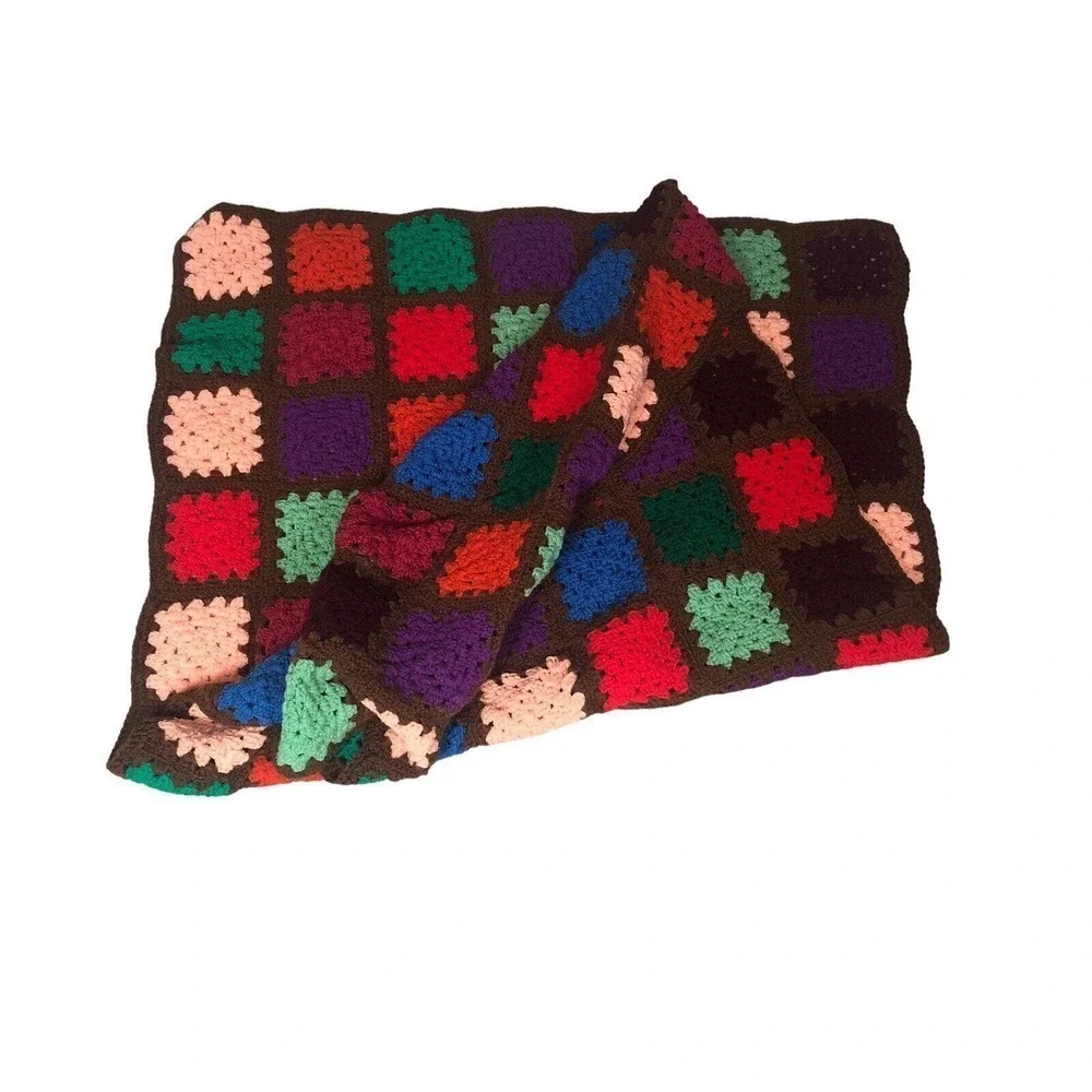 Granny Square Handmade Crochet Throw Brown Multi Chunky Funky Bohemian‎ Vintage